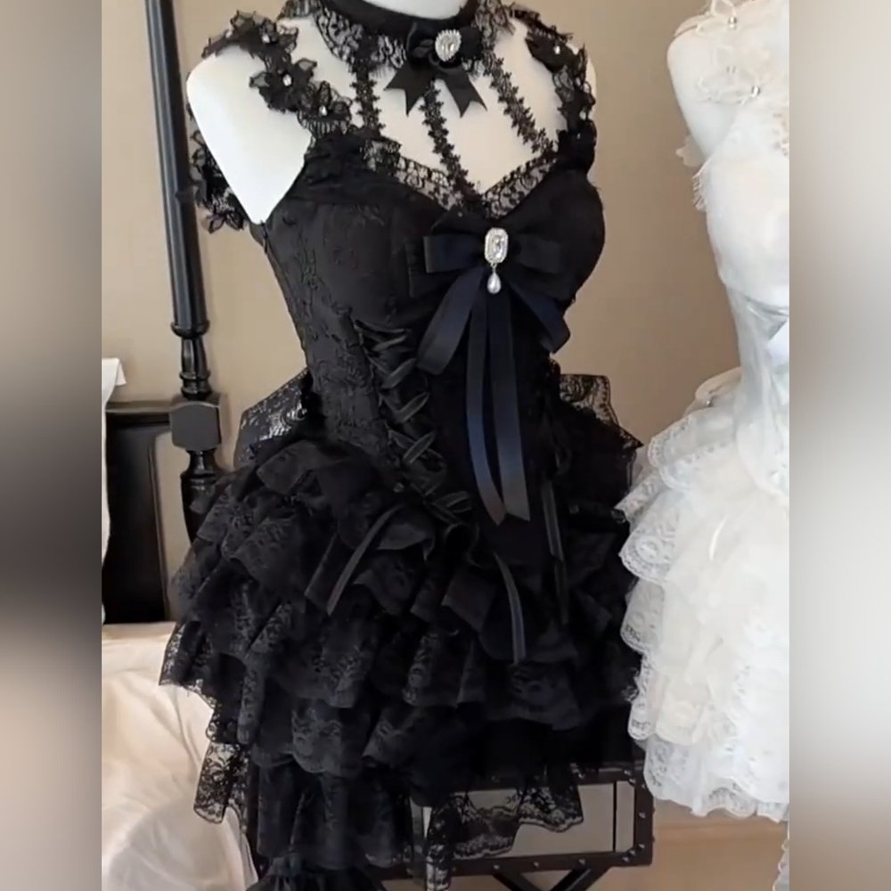 Harajuku Style Lolita Black Lace Dress With Bow (S)